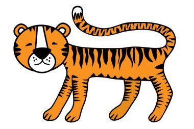 Beyaz arka planda izole edilmiş sevimli kaplan çocuksu çizimi. Çizgi film kaplan karakteri.