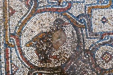 Detaylı bir antik Roma mozaiğine ait karmaşık desenleri ve ördek görüntüsü olan bir arka plan.