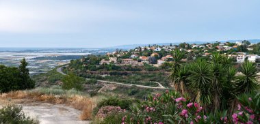 Tepeye kurulmuş, deniz, tarla ve canlı yaz bitkilerine bakan kırmızı çatılı evleri olan büyüleyici bir sahil köyü. Panoramik manzara. Zikhron Yaakov, İsrail.