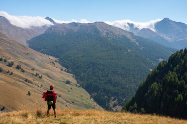 Sırt çantalı genç adam, arka planda dağlarla yeşil vadiye bakıyor.