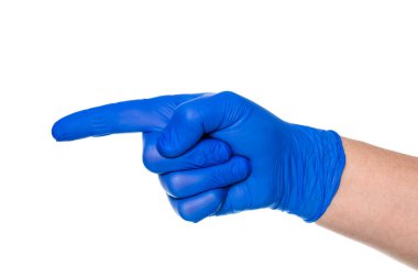 Lateks eldivenli, beyaz arkaplanı işaret eden isimsiz bir doktorun el yazısı.