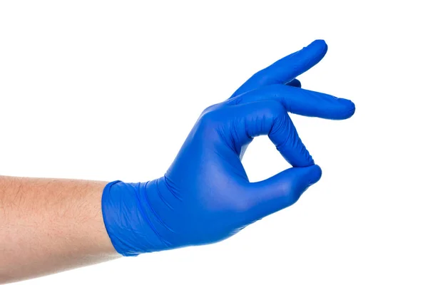 Oříznout Nerozpoznatelné Ruce Mužského Lékaře Modré Latexové Rukavici Ukazující Pořádku — Stock fotografie