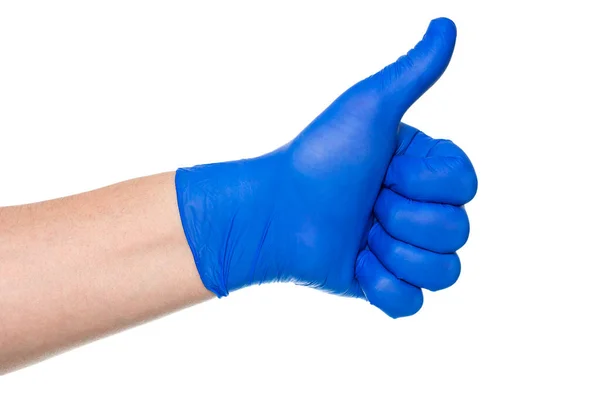 作物認識できない手の人で青医療手袋上の親指を示す白の背景 — ストック写真