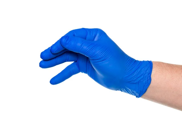 Uprawa Nierozpoznawalna Ręka Lekarza Medycznej Niebieskiej Rękawicy Lateksowej Izolowane Białym — Zdjęcie stockowe