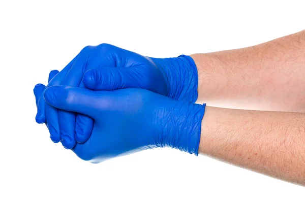 Oříznout Anonymní Mužský Lékař Modrých Latexových Rukavicích Drží Ruce Proti — Stock fotografie
