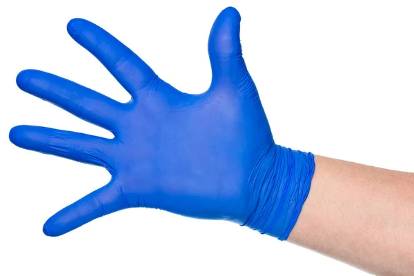 Uprawa Nierozpoznawalna Ręka Osoby Lateksowej Niebieskiej Rękawicy Pokazując Otwartą Dłoń — Zdjęcie stockowe