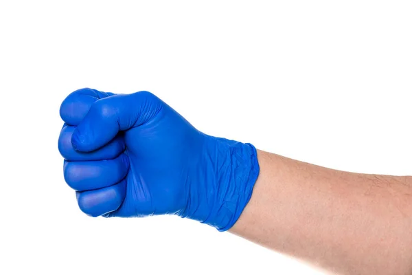 Анонимная Рука Человека Латексной Синей Перчатке Сжатым Кулаком Белом Фоне — стоковое фото