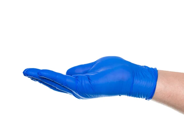 Вид Сбоку Анонимную Руку Человека Синей Резиновой Перчатке Открытой Ладонью — стоковое фото