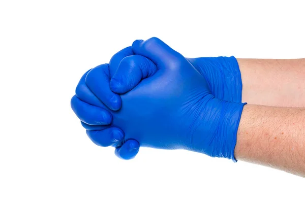 Обрезание Неузнаваемый Мужчина Врач Синих Медицинских Перчатках Держа Руки Белом — стоковое фото