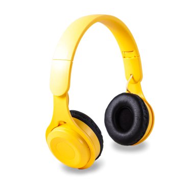 Beyaz kulaklıklı, kablosuz sarı kulaklıklar..