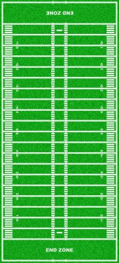 Saha çizgileri ve bitiş bölgeleri olan bir Amerikan futbol sahası..