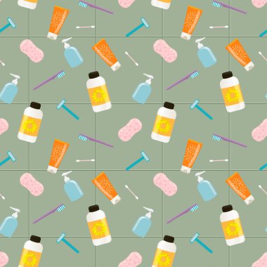 Seamless vector pattern of bath tubes, bottles, razers and sponges against olive tiled wall