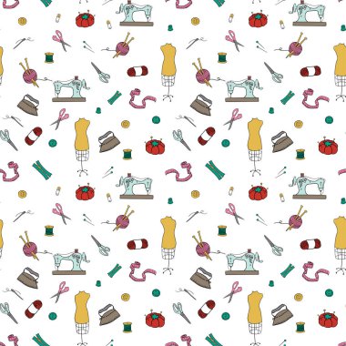 Set of vector hand drawn tailor or sewing vintage items, seamless pattern