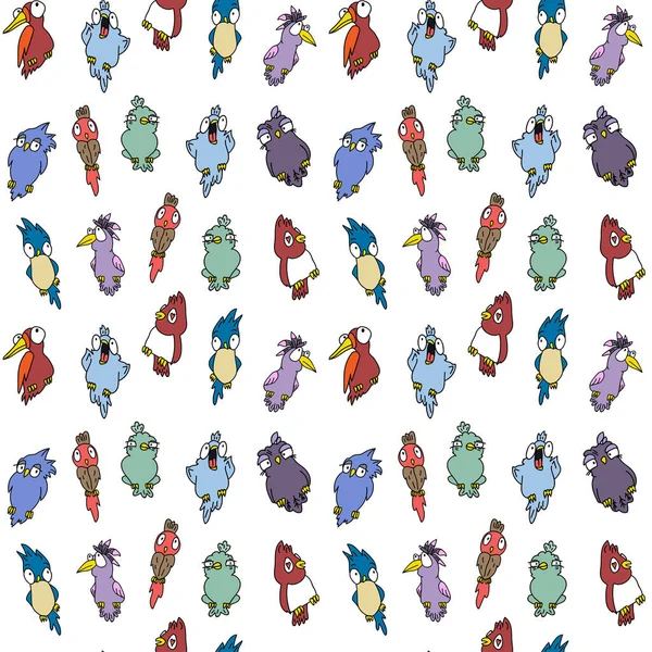 カラフルな漫画のかわいいベクトル鳥のセット シームレスなパターン — ストックベクタ