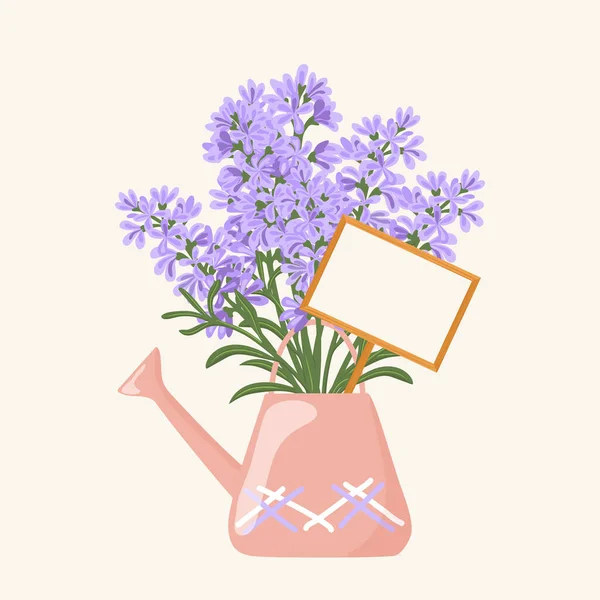 Kézzel Rajzolt Vektor Illusztráció Lila Levendula Virágok Csokor Egy Öntöződobozban — Stock Vector