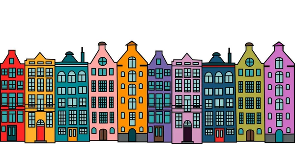 Bordo Senza Cuciture Colorati Edifici Europei Multipiano Disegnati Mano Vecchia — Vettoriale Stock