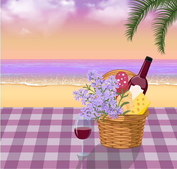 Hand drawn vector illustration of a picnic wicker basket and a glass of wine with the seascape