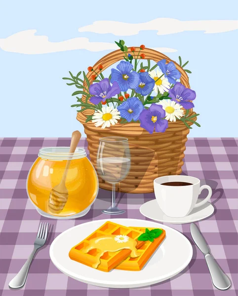 Ilustración Vectorial Desayuno Dibujado Mano Con Café Gofres Cesta Flores — Archivo Imágenes Vectoriales