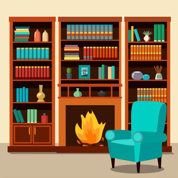 アームチェアと火の場所を備えた図書室のベクトルイラスト — ストックベクタ