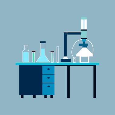 Kimyasal şişeler ve test tüpleriyle laboratuvar masası, vektör illüstrasyonu
