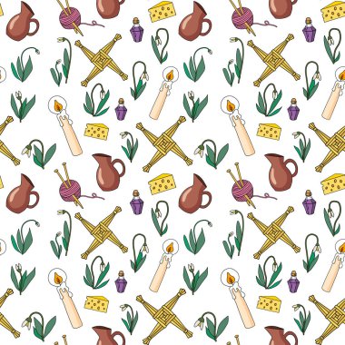 İrlanda bahar pagan bayramı sembollerinin vektör çizimi. İmbolk sembolleri, kusursuz desenler.