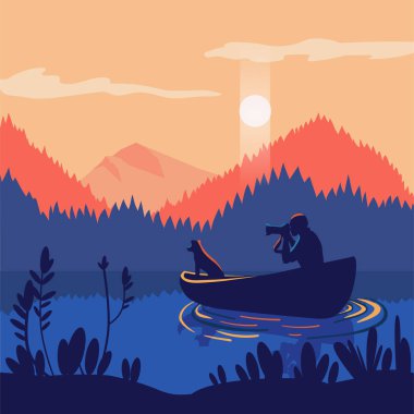 Gün batımı gölünde bir fotoğrafçı ve köpeğinin vektör çizimi