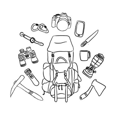 Turist tebeşiri ve yürüyüş malzemelerinin elle çizilmiş çizimi