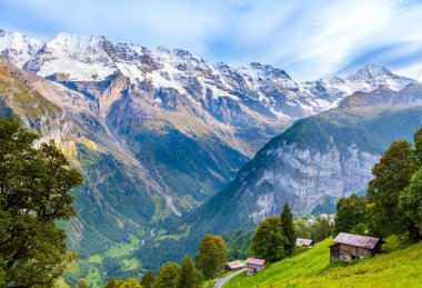 Lauterbrunnen Vadisi, İsviçre 'nin göz kamaştırıcı dağ manzarası. Murren 'dan Gimmelwald köyüne yürüyüş yolu. İsviçre Alplerinde Jungfrau dağ sıraları, yeşil çimenler ve ahşap evler karla kaplandı.