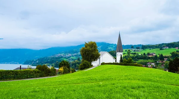 Faulensee Dorf Mit Weißer Kirche Und Typischen Schweizer Häusern Auf — Stockfoto