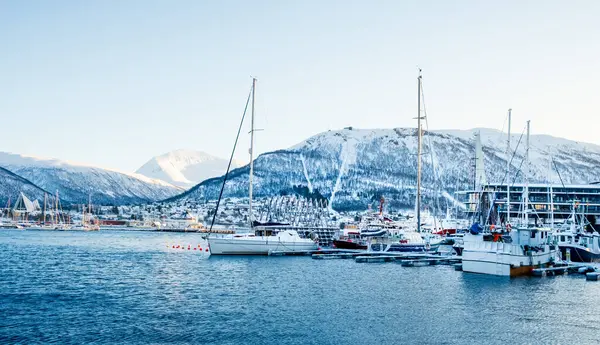 Kışın Tromso limanı, Norveç. Arktik Katedral ve Storsteinen Dağı 'nın arka planında Tromso limanındaki teknelerin görüntüsü. Norveç 'in kuzeyindeki Kuzey Kutup Dairesi kasabasında karlı kış manzarası.