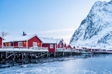 Kışın Lofoten adalarında geleneksel rorbu evleri olan Reine köyü. Kuzey Norveç 'teki Reinebringen Dağı ve donmuş deniz suyu üzerinde kırmızı ahşap balıkçı kulübeleriyle İskandinav manzarası.