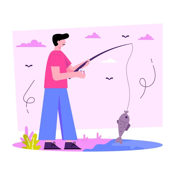 Catching Fish Illustration Editable Vector — Stock Vector