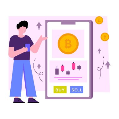 Mobil bitcoin ticaretinin bir illüstrasyon tasarımı 