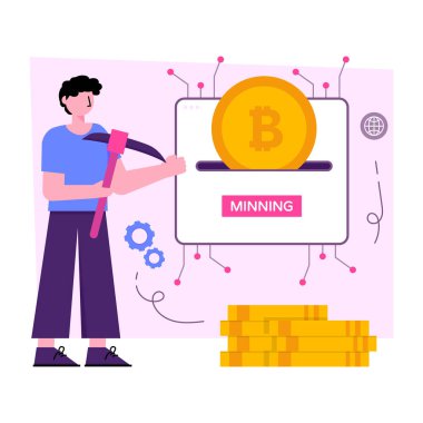 Bitcoin madenciliğinin kavramsal düz tasarım çizimi 