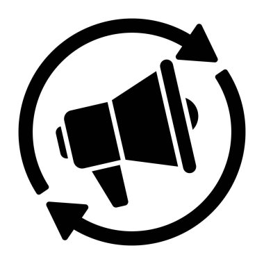 Megaphone with update arrows denoting concept of announcement refresh 