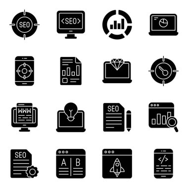 Go with these seo icons. A technical pack includes business data, algorithms, data management and much more.  Perfect for seo and analytical projects. Download with a single little click.