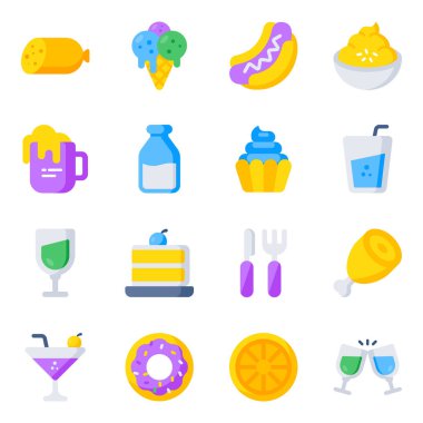 We bring amazing pack of food icons in flat style. These icons are perfect for logos, Instagram highlights, business cards, prints, stationery, recipe cards, etc.