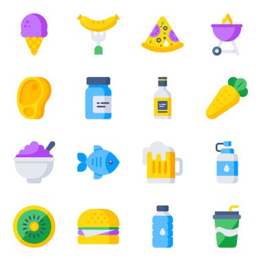We bring amazing pack of food icons in flat style. These icons are perfect for logos, Instagram highlights, business cards, prints, stationery, recipe cards, etc.