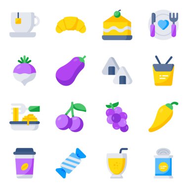 We bring amazing pack of food icons in flat style. These icons are perfect for logos, Instagram highlights, business cards, prints, stationery, recipe cards, etc.