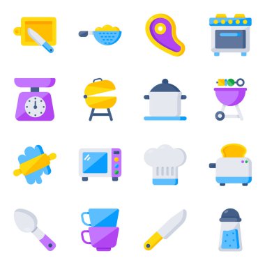 Are you ready to get this kitchen tools flat icon pack, a cool pack with detailing for each icon. Fully editable in size and shape, vectors are worth holding for advertisement and related projects. Happy designing.