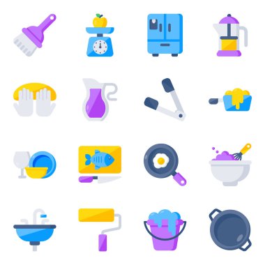 Are you ready to get this kitchen tools flat icon pack, a cool pack with detailing for each icon. Fully editable in size and shape, vectors are worth holding for advertisement and related projects. Happy designing.