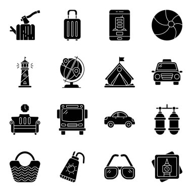 Bu seyahat simgelerini yakalayabilmeniz için çok çeşitli düzenlenebilir vektörleri kapsayacak şekilde ayarlayın. Tut ve projene göre kullan. Mutlu Tasarım.