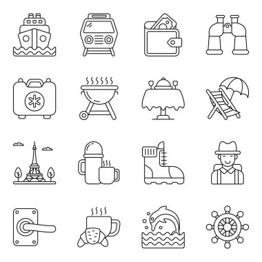 Bu seyahat simgelerini yakalayabilmeniz için çok çeşitli düzenlenebilir vektörleri kapsayacak şekilde ayarlayın. Tut ve projene göre kullan. Mutlu Tasarım.