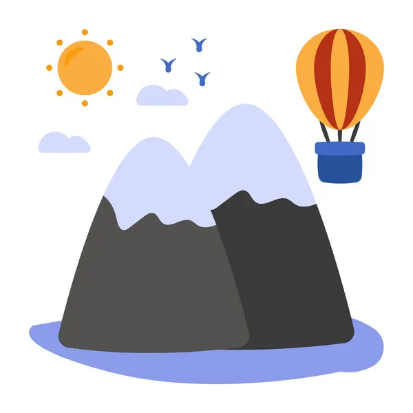 A unique design icon of mountains with sun showcasing hills weather