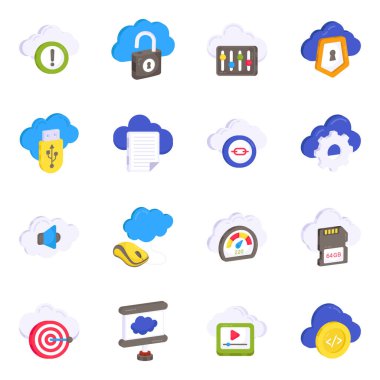 Bulut Hesaplama ve İletişim Düz Simgeleri Paketi 