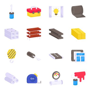 İnşaat Malzemeleri Paketi Düz Simgeler