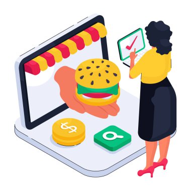 Çevrimiçi yemek siparişinin kavramsal izometrik tasarım çizimi 