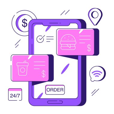 Mobil yemek siparişinin düz tasarım çizimi