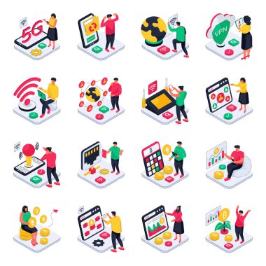 Bitcoin Isometric Illustrations seti 