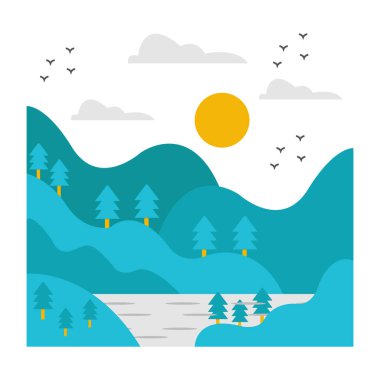 Gökte dağları, güneşi ve bulutları olan bir ormanın vektör düz çizimi